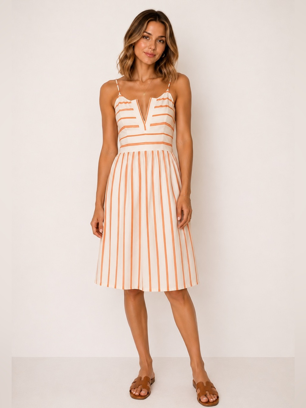 Everly Cream and Orange Striped Midi Dress ~ size small